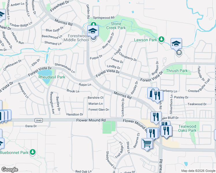 map of restaurants, bars, coffee shops, grocery stores, and more near 2401 Candlebrook Drive in Flower Mound