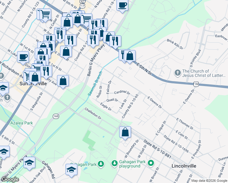 map of restaurants, bars, coffee shops, grocery stores, and more near 219 Cardinal Drive in Summerville