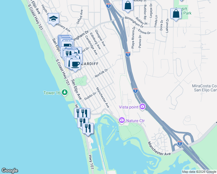map of restaurants, bars, coffee shops, grocery stores, and more near 2416 Oxford Avenue in Encinitas