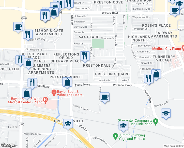 map of restaurants, bars, coffee shops, grocery stores, and more near 1401 Iowa Drive in Plano