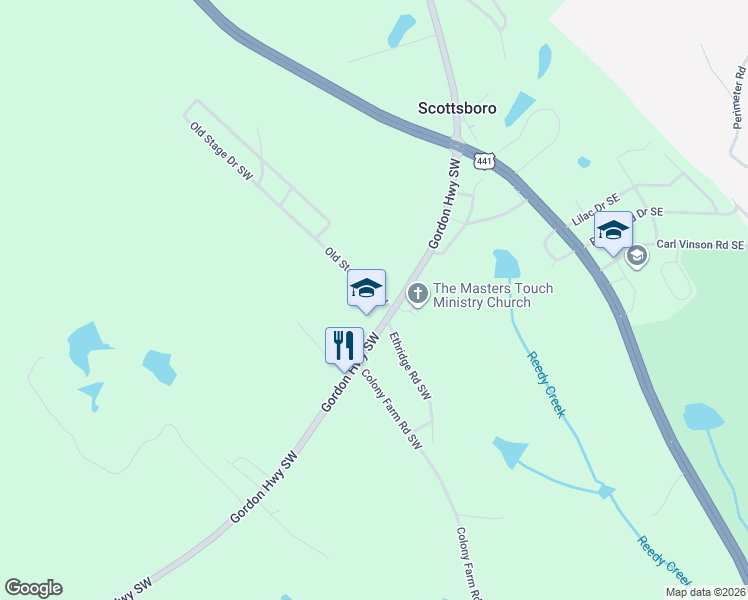 map of restaurants, bars, coffee shops, grocery stores, and more near 104 Old Stage Drive Southwest in Milledgeville