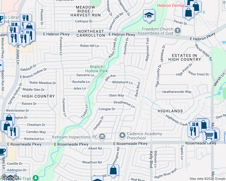 map of restaurants, bars, coffee shops, grocery stores, and more near 2012 Carillon Ln in Carrollton