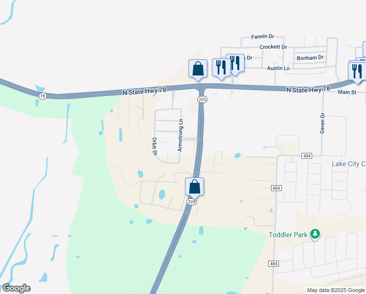 map of restaurants, bars, coffee shops, grocery stores, and more near 316 Armstrong Lane in Lavon