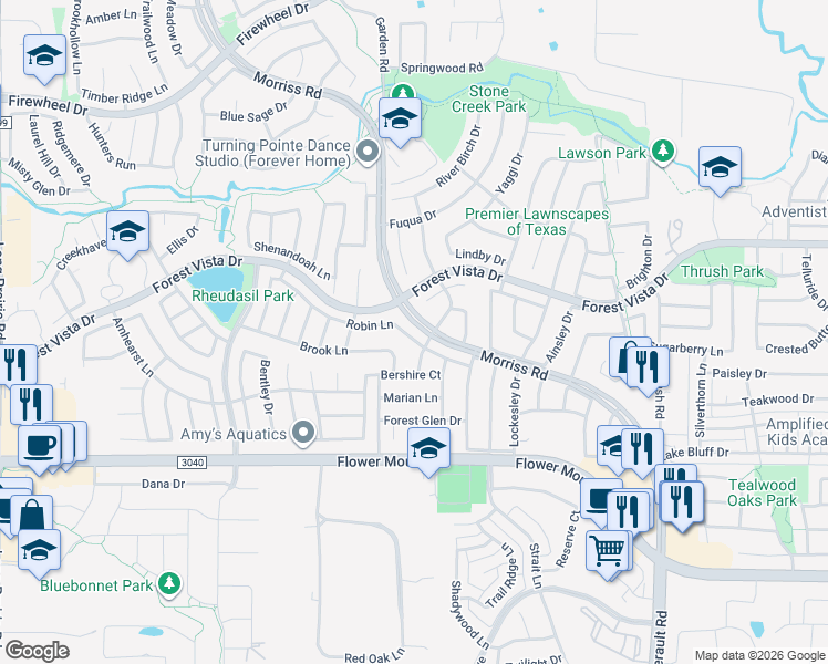 map of restaurants, bars, coffee shops, grocery stores, and more near 1708 Robin Lane in Lewisville