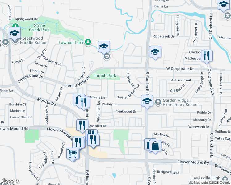 map of restaurants, bars, coffee shops, grocery stores, and more near 817 Saddleback Lane in Flower Mound