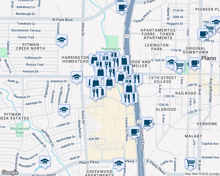 map of restaurants, bars, coffee shops, grocery stores, and more near East 15th Street in Plano