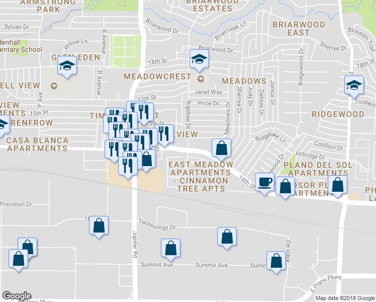 map of restaurants, bars, coffee shops, grocery stores, and more near 1267 South Rigsbee Drive in Plano