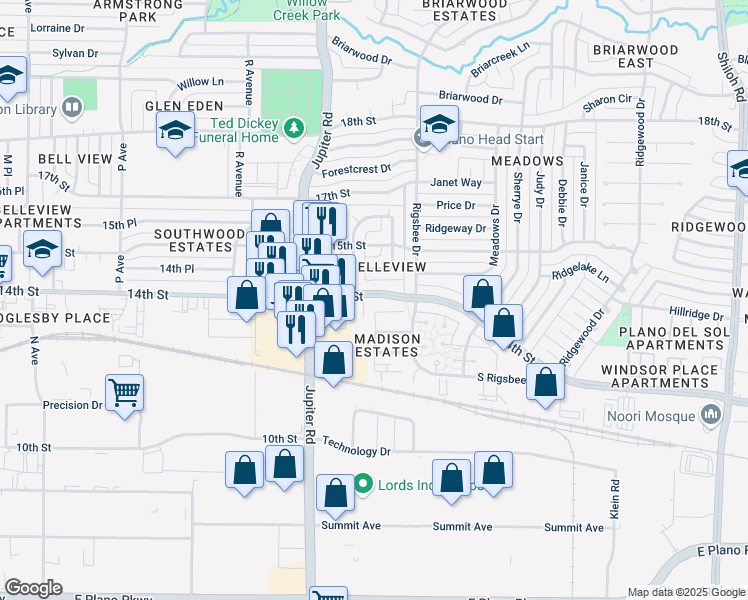 map of restaurants, bars, coffee shops, grocery stores, and more near 2505 Ballymote Lane in Plano