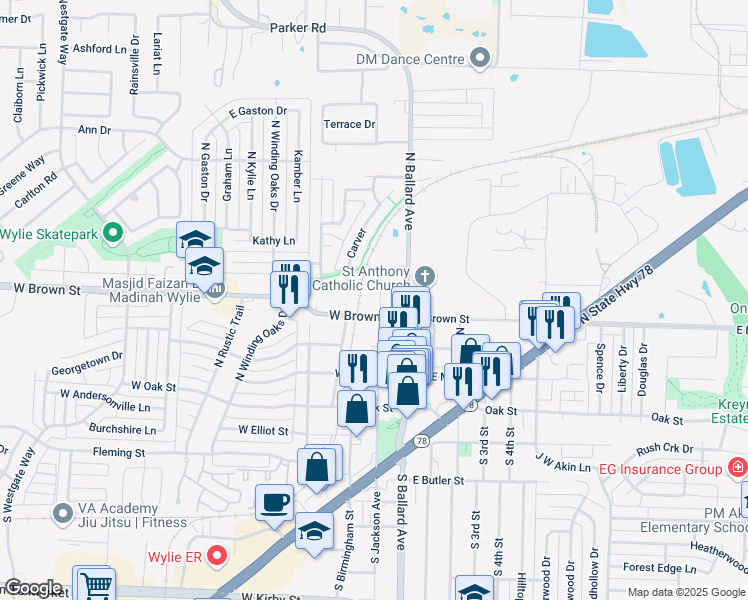 map of restaurants, bars, coffee shops, grocery stores, and more near 405 North Jackson Avenue in Wylie