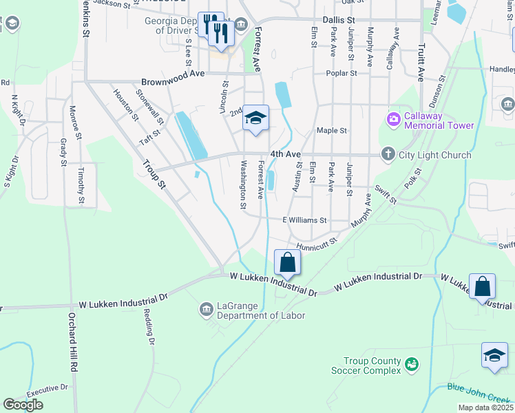 map of restaurants, bars, coffee shops, grocery stores, and more near 1322 Forrest Avenue in LaGrange