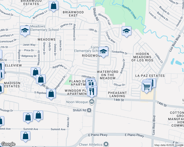 map of restaurants, bars, coffee shops, grocery stores, and more near 3530 Cotillion Drive in Plano