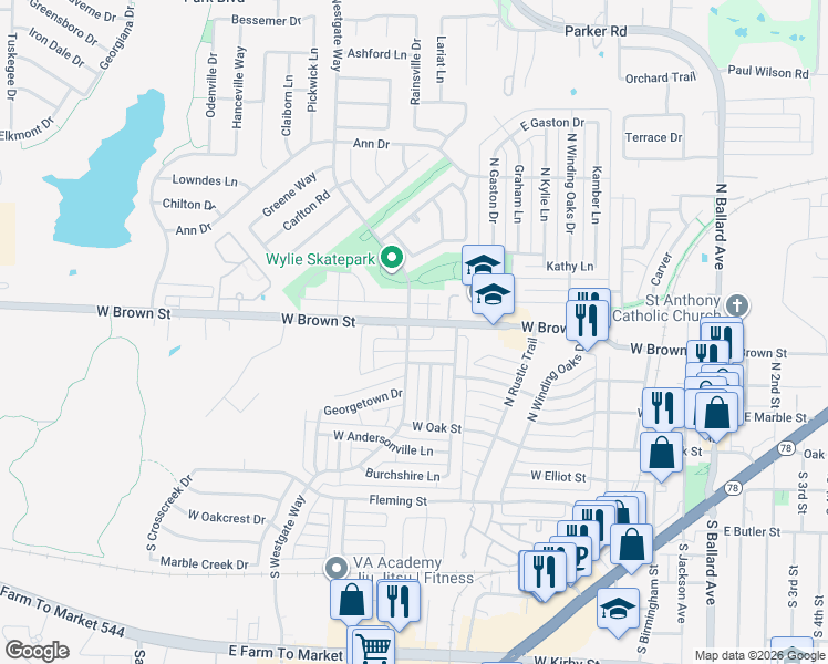 map of restaurants, bars, coffee shops, grocery stores, and more near 604 Gateway Bend in Wylie