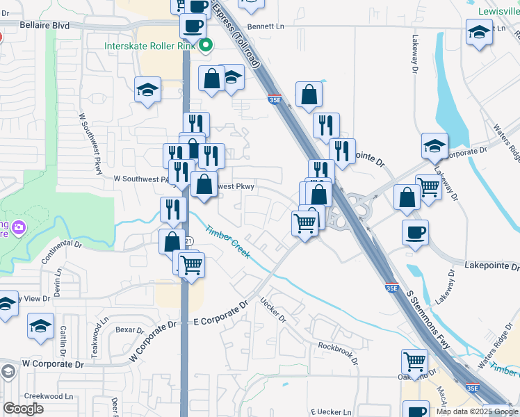 map of restaurants, bars, coffee shops, grocery stores, and more near 328 East Southwest Parkway in Lewisville