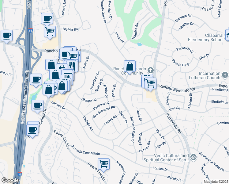 map of restaurants, bars, coffee shops, grocery stores, and more near 16822 Bernardo Oaks Drive in San Diego