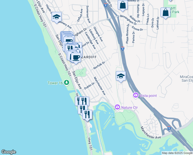 map of restaurants, bars, coffee shops, grocery stores, and more near 2367 Manchester Avenue in Encinitas