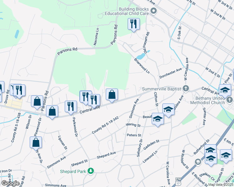 map of restaurants, bars, coffee shops, grocery stores, and more near 704 Central Avenue in Summerville
