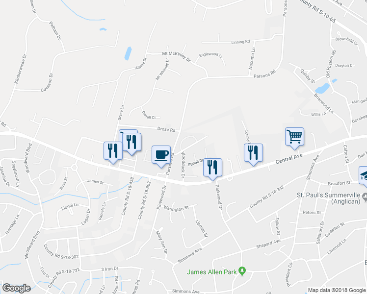 map of restaurants, bars, coffee shops, grocery stores, and more near 107 Canvasback Drive in Summerville