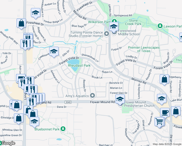map of restaurants, bars, coffee shops, grocery stores, and more near 2309 Mapleleaf Lane in Flower Mound
