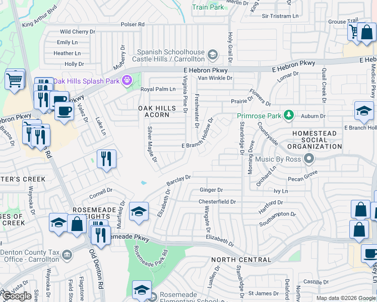 map of restaurants, bars, coffee shops, grocery stores, and more near 3828 Virginia Pine Drive in Carrollton
