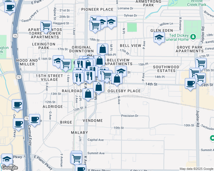 map of restaurants, bars, coffee shops, grocery stores, and more near 1310 M Ave in Plano