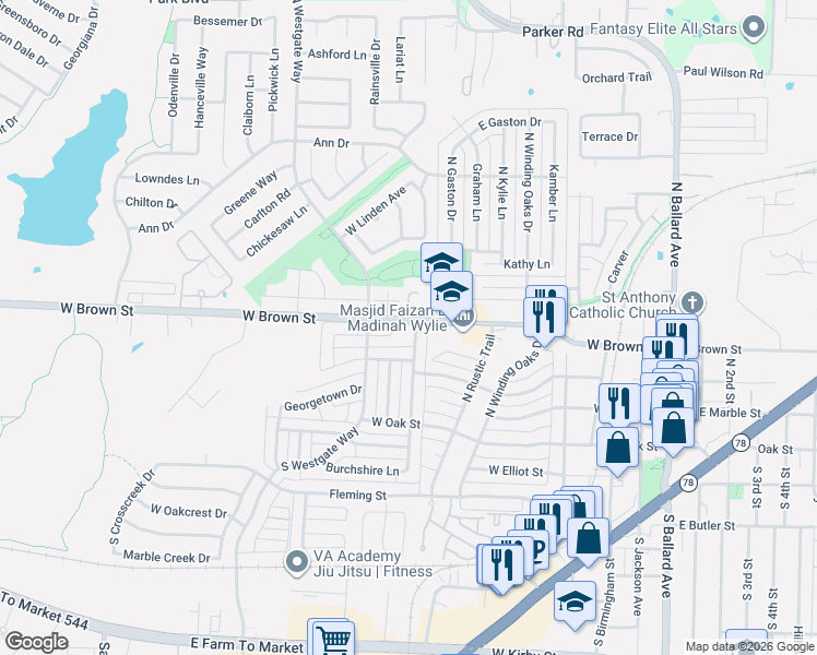 map of restaurants, bars, coffee shops, grocery stores, and more near 205 North Carriage House Way in Wylie