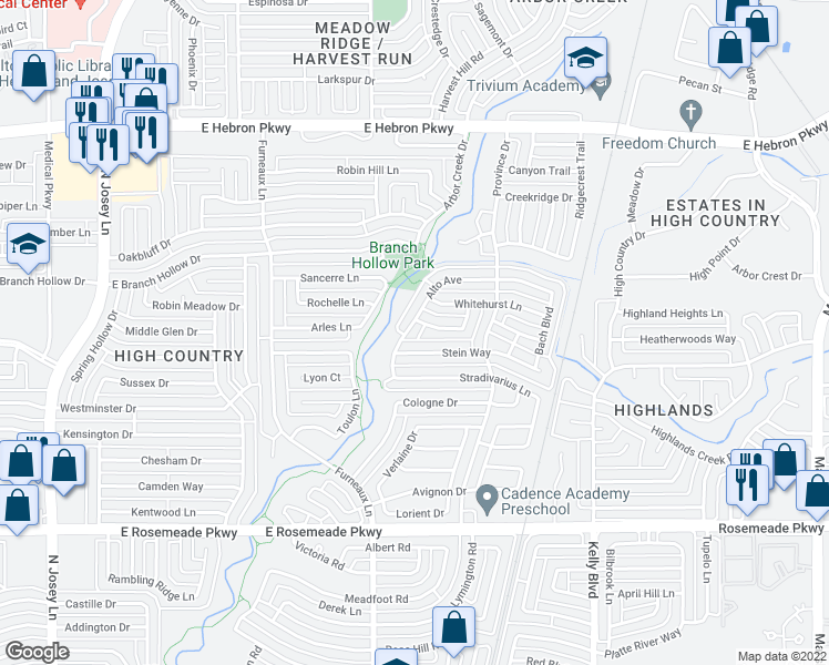 map of restaurants, bars, coffee shops, grocery stores, and more near 3852 Alto Avenue in Carrollton