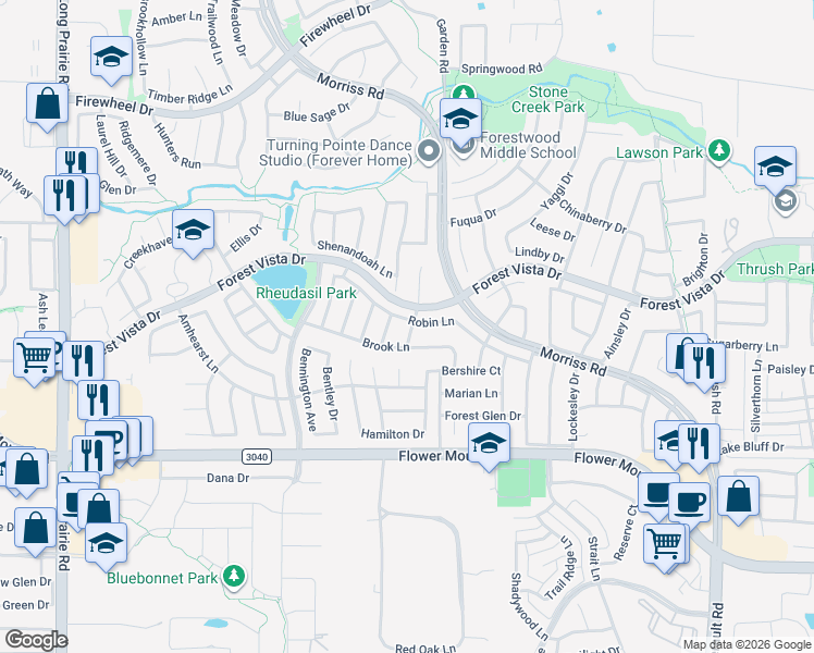 map of restaurants, bars, coffee shops, grocery stores, and more near 1809 Robin Lane in Flower Mound