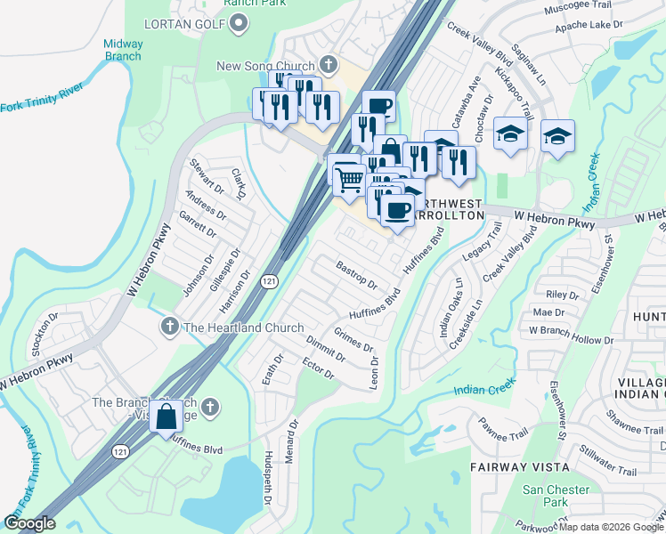 map of restaurants, bars, coffee shops, grocery stores, and more near 1553 Bastrop Drive in Carrollton