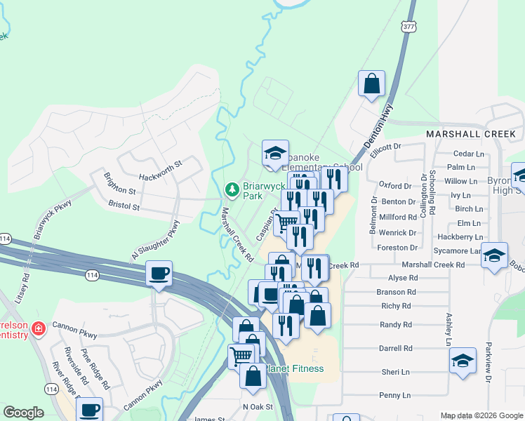 map of restaurants, bars, coffee shops, grocery stores, and more near 1375 Sandhurst Drive in Roanoke