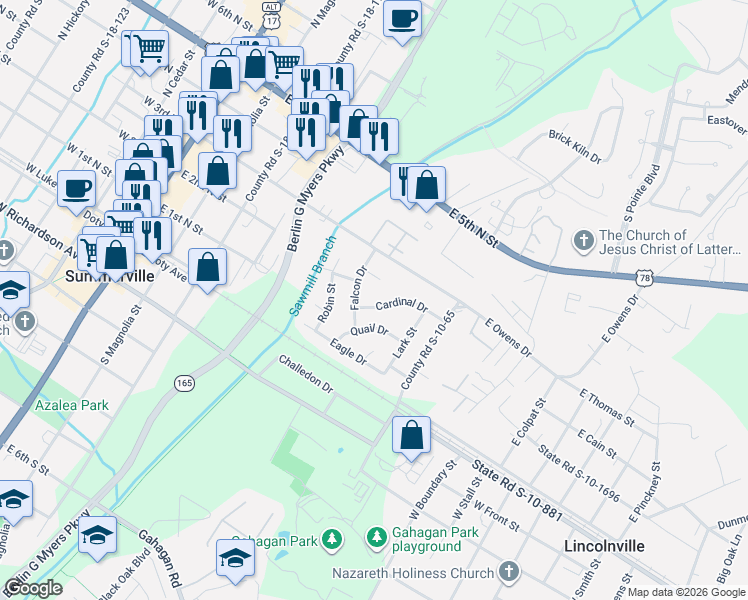 map of restaurants, bars, coffee shops, grocery stores, and more near 219 Cardinal Drive in Summerville