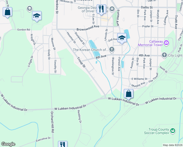 map of restaurants, bars, coffee shops, grocery stores, and more near 1204 Houston Street in LaGrange