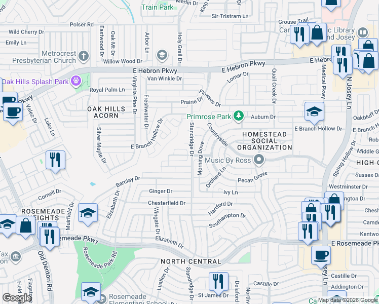 map of restaurants, bars, coffee shops, grocery stores, and more near 1529 Shepherd Lane in Carrollton