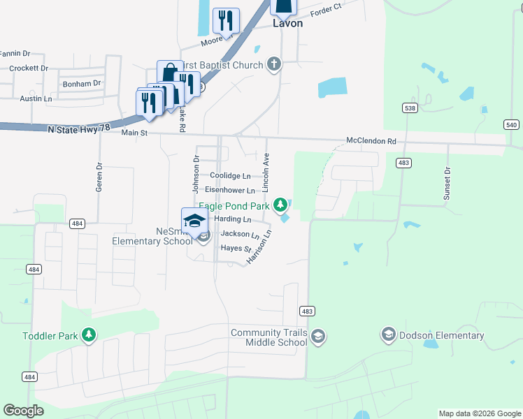 map of restaurants, bars, coffee shops, grocery stores, and more near 410 Grant Lane in Lavon