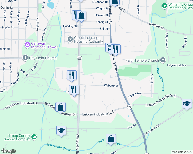 map of restaurants, bars, coffee shops, grocery stores, and more near 106 West Hillside Drive in LaGrange