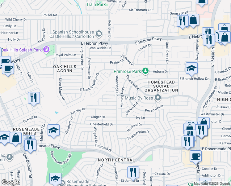map of restaurants, bars, coffee shops, grocery stores, and more near 1529 Shepherd Ln in Carrollton