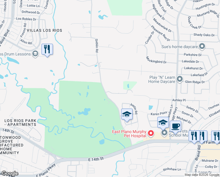 map of restaurants, bars, coffee shops, grocery stores, and more near 1704 Dublin Road in Plano