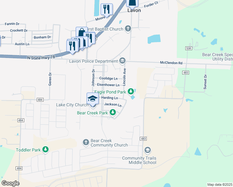 map of restaurants, bars, coffee shops, grocery stores, and more near 442 Grant Lane in Lavon