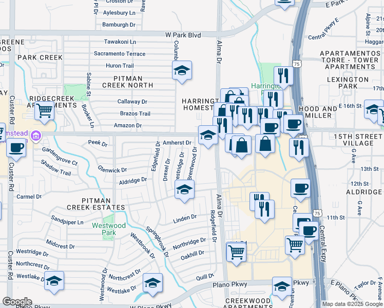map of restaurants, bars, coffee shops, grocery stores, and more near 1315 Brentwood Drive in Plano