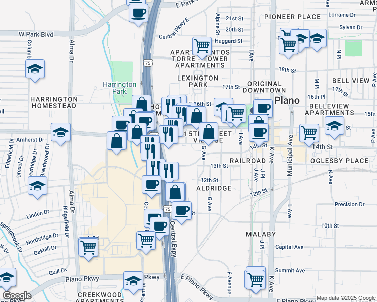 map of restaurants, bars, coffee shops, grocery stores, and more near 1312 F Avenue in Plano