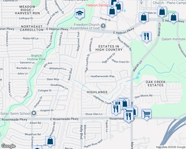 map of restaurants, bars, coffee shops, grocery stores, and more near 2307 Heatherwoods Way in Carrollton