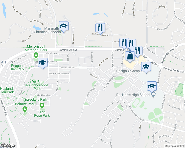 map of restaurants, bars, coffee shops, grocery stores, and more near 15912 Atkins Place in San Diego