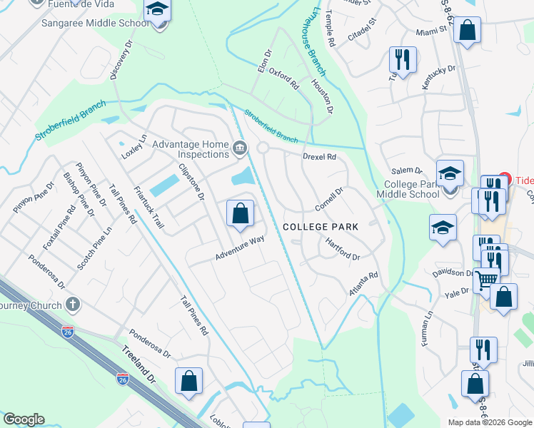 map of restaurants, bars, coffee shops, grocery stores, and more near 3038 Adventure Way in Ladson