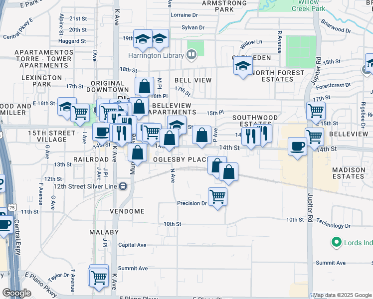 map of restaurants, bars, coffee shops, grocery stores, and more near 1414 14th Street in Plano