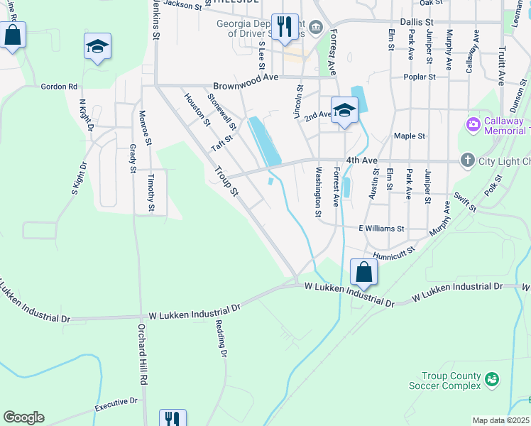 map of restaurants, bars, coffee shops, grocery stores, and more near 1204 Houston Street in LaGrange