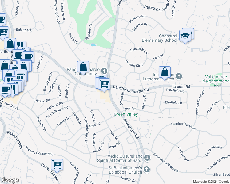 map of restaurants, bars, coffee shops, grocery stores, and more near 12515 Parish Road in San Diego