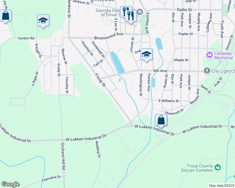 map of restaurants, bars, coffee shops, grocery stores, and more near 1204 Houston Street in LaGrange