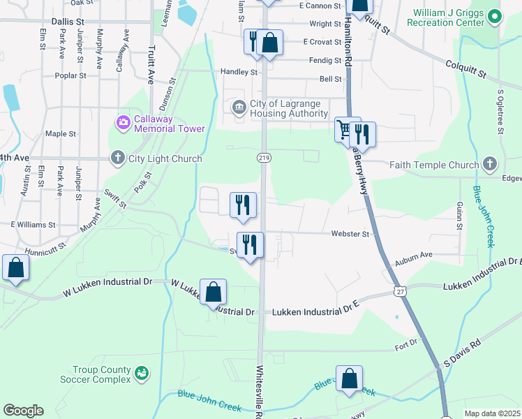 map of restaurants, bars, coffee shops, grocery stores, and more near 1412 Georgia 219 in LaGrange