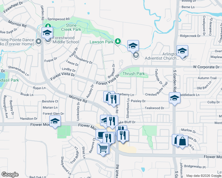map of restaurants, bars, coffee shops, grocery stores, and more near 1108 Sugarberry Lane in Flower Mound