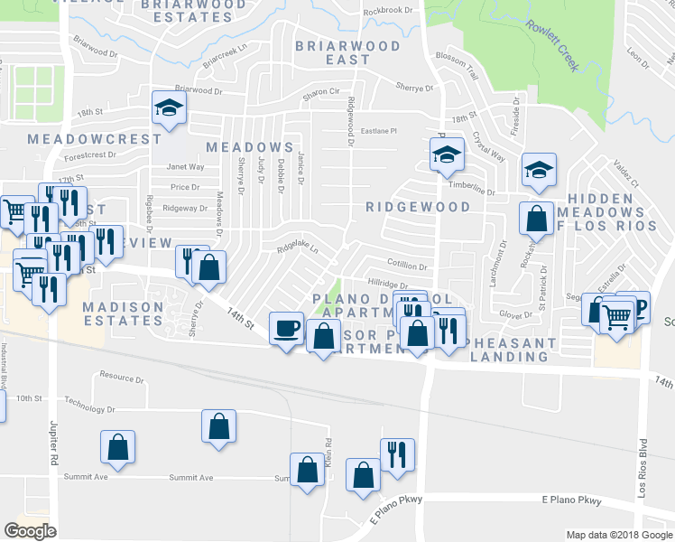 map of restaurants, bars, coffee shops, grocery stores, and more near 3404 Ridgelake Lane in Plano