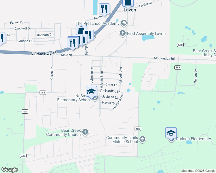 map of restaurants, bars, coffee shops, grocery stores, and more near 494 Grant Lane in Lavon